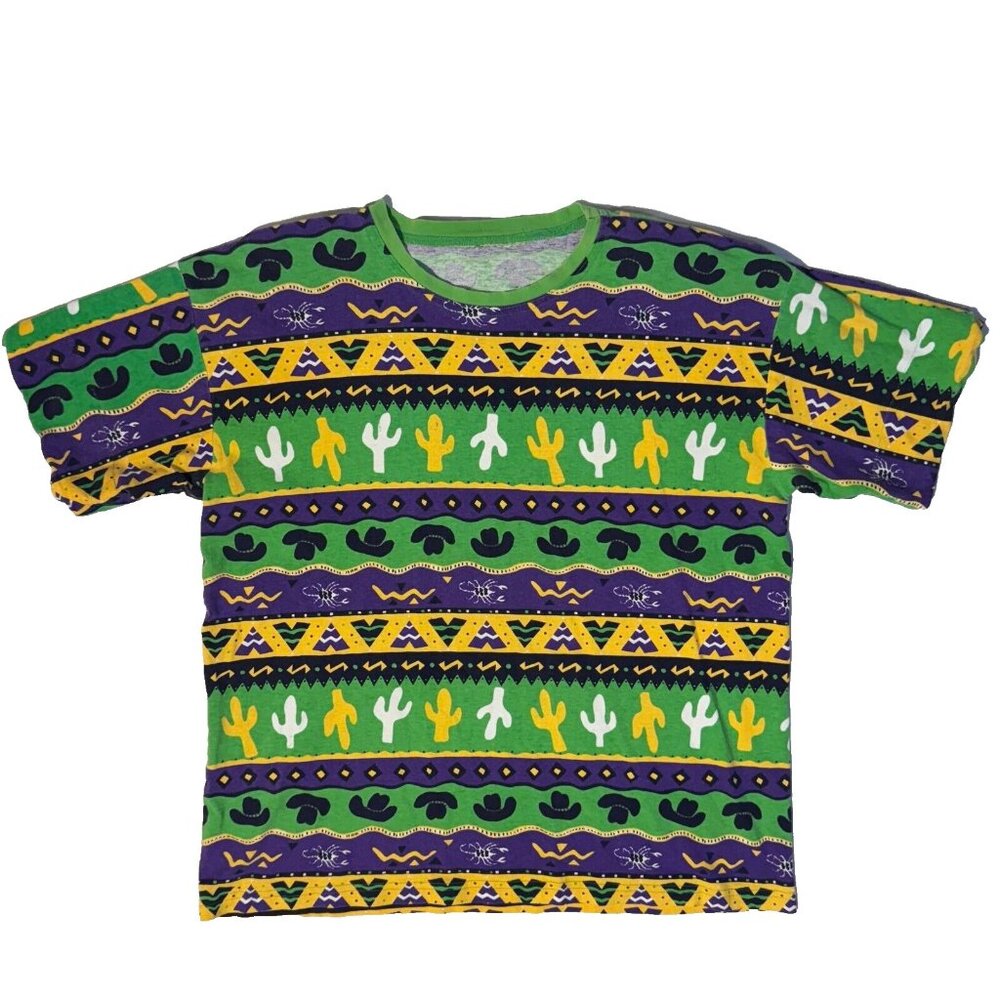 Vintage 80s Texas Southwestern Border Green/Purple AOP Retro Graphic Tshirt - XL